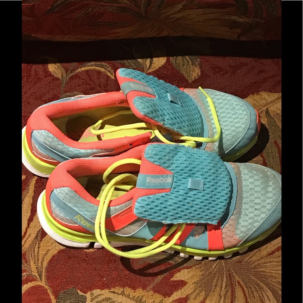 Reebok shoes (blue, neon pink, neon green)